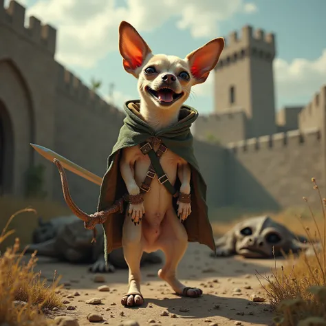 Dirty Chihuahua , skinny, with a mocking laugh ,  standing on two legs like a human , Above a dead dragon , with sword in hand,  Robin Hood ,  with large brown flip flops,  in the background medieval castle , ultra realistic
