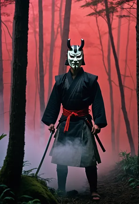 Man standing in a dark forest wearing a samurai mask with fog and a red background, In a 1980 movie , dark fantasy, terror, blood,  short hair, alas