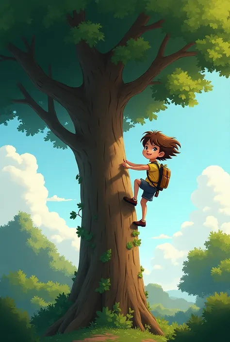 brown haired girl climbing a tall tree