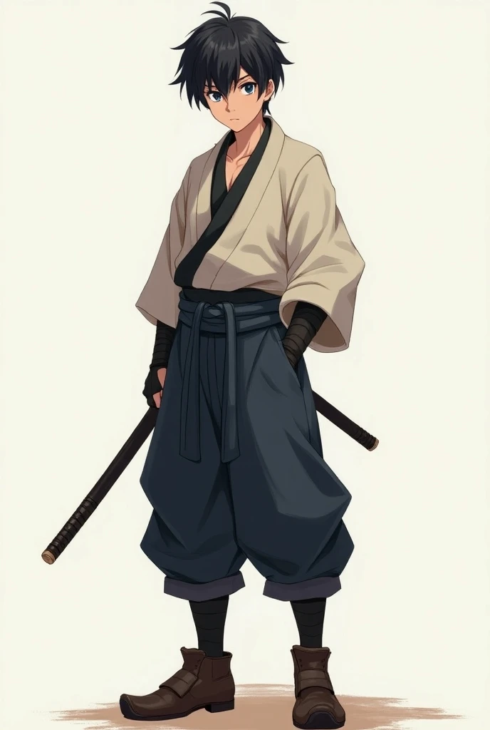 Anime-style image of a teenager ,  with short black hair ,  blue eyes , husky,  wearing the attire of an old Japanese ronin.