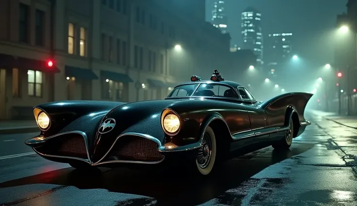 Screengrab of a 1950s super panavision 70 movie, retro in color. A realistic scene of a classic, retro-styled Batmobile parked on a shadowy city street at night. The Batmobile, with a sleek, elongated body inspired by 1950s luxury cars, has a glossy black ...