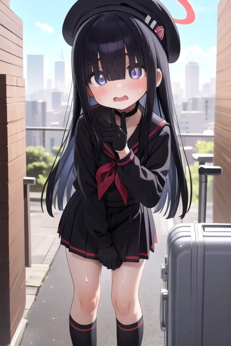 translator，halo，hair in the eyes，black hair，long hair，beret， black sailor suit ， black shirt ， long sleeve ， black miniskirt，pet...