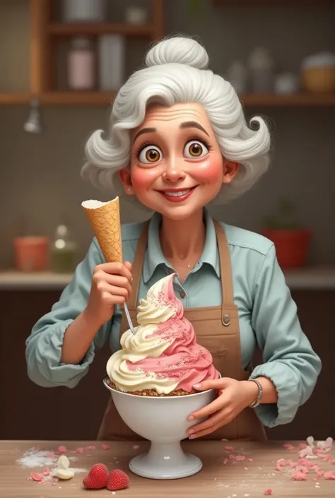 A realistic grandmother creating gourmet ice cream for a company logo "Gourmet ice cream".