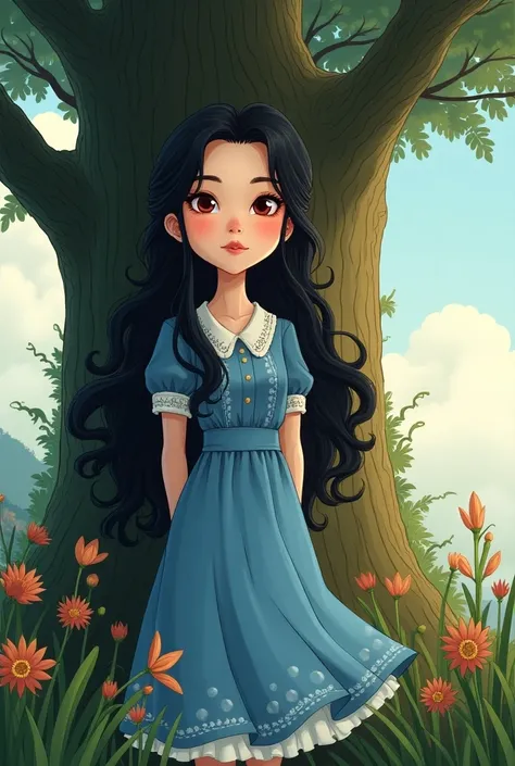 Draw a cartoon of a woman with black hair long to the middle of the back, wearing a classic blue school dress, ruby red eyes, white skin, standing next to a large tree.