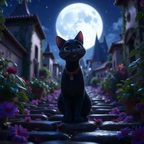 At night, a bright moon hung high, and suddenly a completely black cat appeared on the stone steps, its eyes shining brightly in the moonlight. This mysterious visitor seems to have come with some kind of mission, and the surrounding air has become particu...