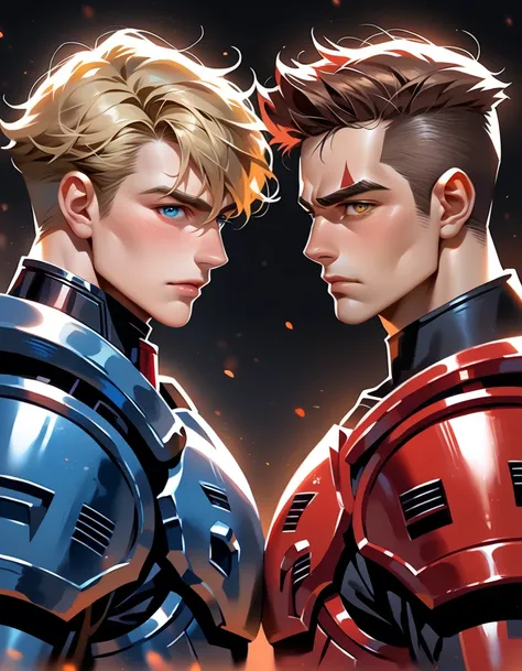 Two handsome, tall, muscular men, masculine, mature male, viewed from their front slightly to the left, ((viewed from afar)), (((wearing spartan red medieva armors))), ((one being a Spartan emperor and the other a royalty guard)), looking at viewer, one wi...