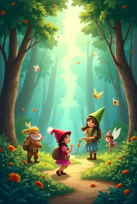  Create a cover for a childrens adventure book. Theme: forest clearing,  travel heroes , magical creatures  (For example, fairies, gnomes ), bright colors. The atmosphere is bright , joyful, fabulous.