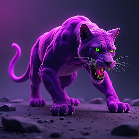 Neon purple panther with green eyes aggressive in attack position 
