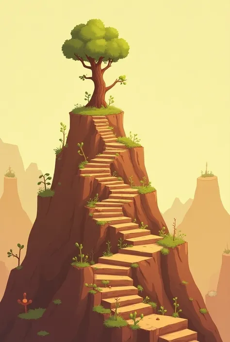 generate a picture of a mountain that has stairs in each steps, and each steps has different challenges or obstacles that a certain tree faces until arriving to the top and attaining its growth. please make the whole image brown theme and a cartoon like im...