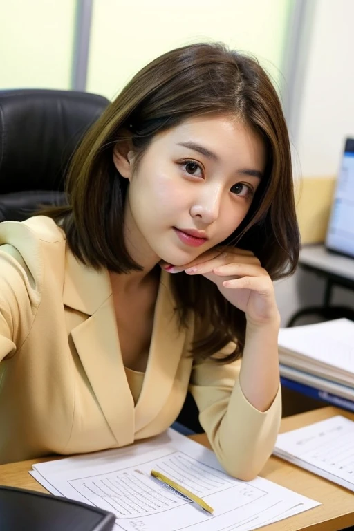  25-year-old woman of Japanese descent ,average height,  slim build ,  short wavy brown hair and brown eyes.  She looks shy and reserved . Sitting in a work office working as a secretary,Looking at some papers 