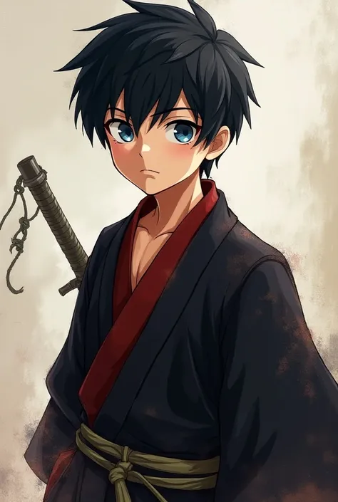  anime-style image of a boy,  with short black hair ,  blue eyes , husky,  wearing the attire of an old Japanese ronin, black with red .