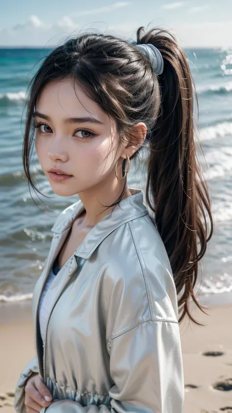 1 , castanho jacket, Rice,  ponytail ,  best quality ,  long hair,  plain background,  hoop earrings ,  high resolution image, On the beach wearing a dress 