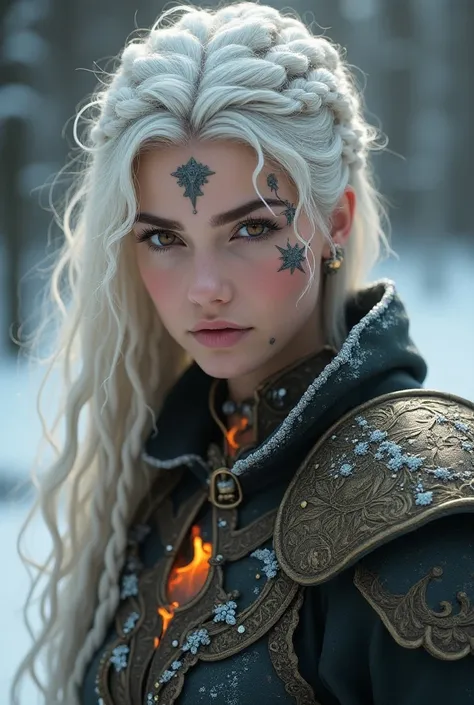 Fire witch in her 20s, flames in brown eyes, white straith braids, winter armor, jewerly, magnificent beautiful face, dark tattoo on face 