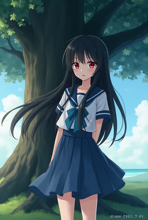 Draw an anime picture of a woman with black hair long to the middle of her back, wearing blue and white school dress, ruby red eyes, white skin, standing next to a big tree.