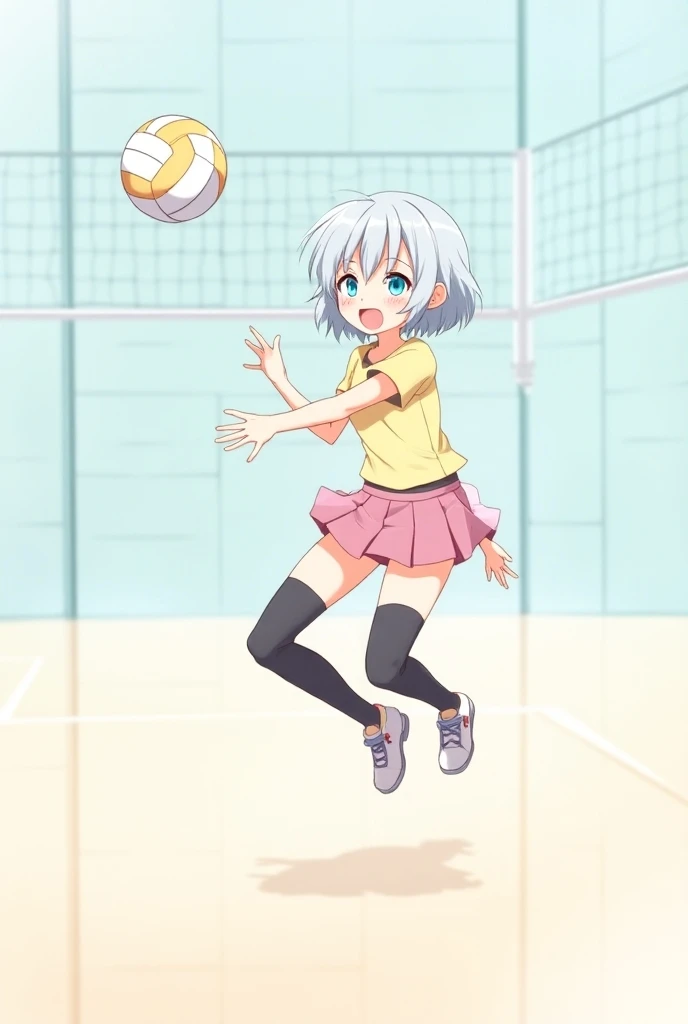 
drawing of an anime girl of small height, silver short hair, blue eyes, volleyball, 