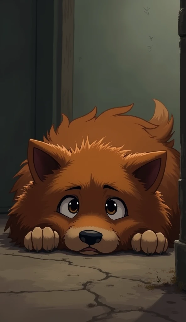 Red-haired fluffy dog lies sad