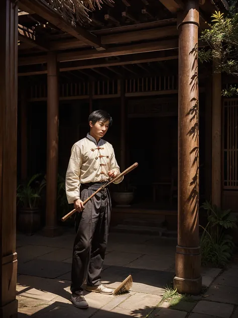 A good-looking young man, dressed in antique Chinese clothes, holding a long-handled broom, was sweeping the shadow of a leaf, shadowing himself under the moonlight at night.