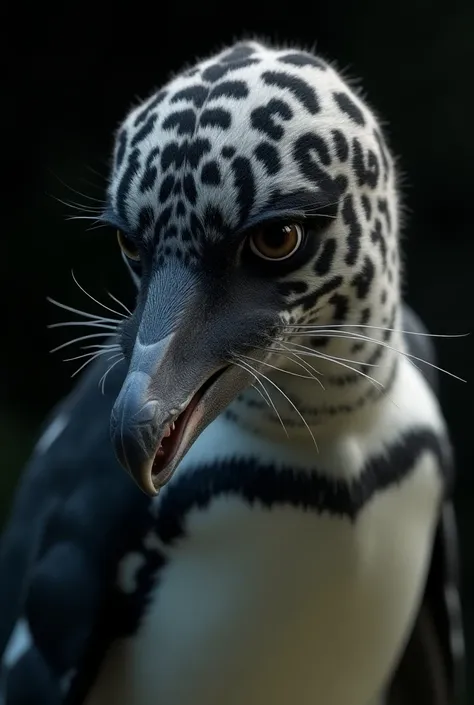 A hybrid creature, part penguin and part leopard, beautiful detailed eyes, beautiful detailed beak, extremely detailed eyes and face, long eyelashes, detailed black and white fur textures, majestic wildlife, powerful predator, photorealistic, 8k, detailed ...