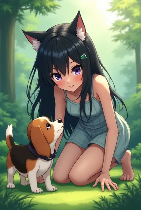 Anime woman with black hair and violet cat eyes playing with a beagle dog