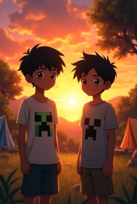 Anime un garçon 12 ans cheuveux noir yeux marron avec un t-shirt mincraft avec son ami couleur de peau noir cheuveux noir yeux marron devant un camping avec un coucher de soleil 