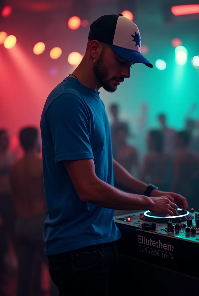 (((  French man  :3 white , bald, blue eyes,  fully beardless  ))), t-shirt moulant bleu avec étoile, black pants, botte cuir noir, dans cabine de dj, club, face au public qui dansent,  light green and red, profile view,  bangs , casquette baseball bleu bl...