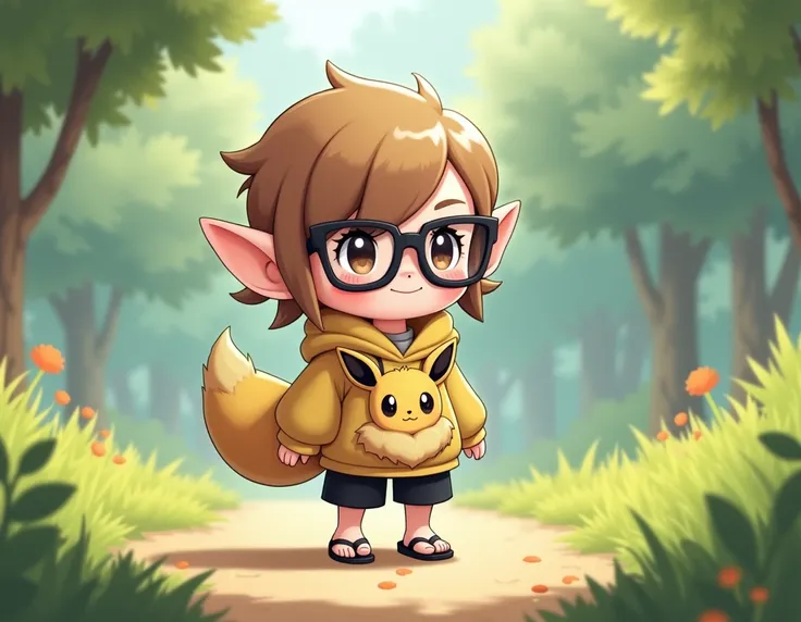 Create a chibi elf , Who has short light brown hair ,  with black turtle style glasses and with a Pokemon Eevee sweatshirt, black shorts and black flip flops.