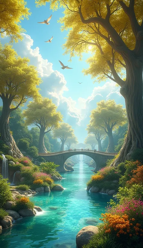 "A beautiful, ethereal garden in paradise, filled with lush greenery, radiant flowers, and crystal-clear rivers flowing through it. Majestic trees with golden leaves stand tall, casting a gentle glow in the sunlight. The sky is clear with soft clouds, and ...