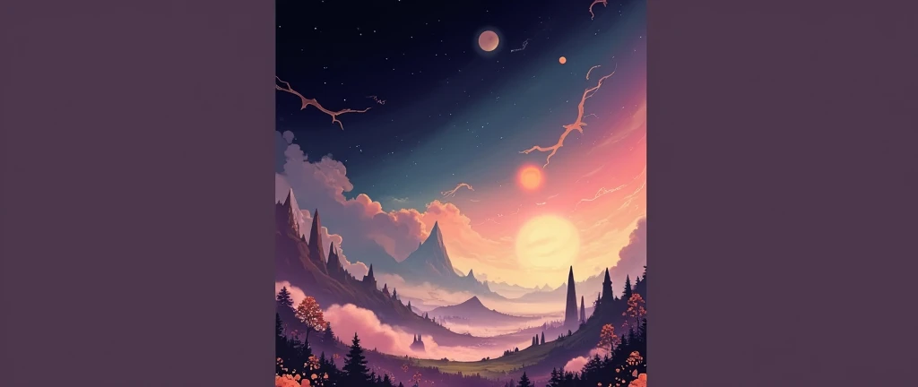 Create a fantasy themed background image, with a combination of blue and purple, and add a little sunset orange, with a photo size of 1:3
