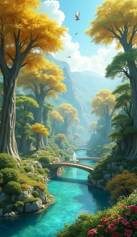 "A beautiful, ethereal garden in paradise, filled with lush greenery, radiant flowers, and crystal-clear rivers flowing through it. Majestic trees with golden leaves stand tall, casting a gentle glow in the sunlight. The sky is clear with soft clouds, and ...