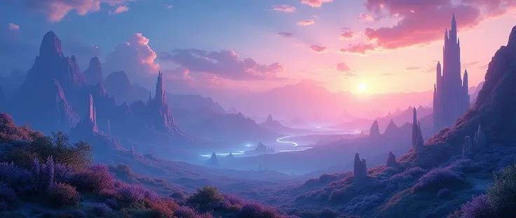 Create a fantasy themed background image, with a combination of blue and purple, and add a little sunset orange, with a photo size of 1:3
