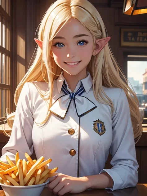 masterpiece, Best Quality,  High Definition CG Unity 8k Wallpaper,((Upper body portrait)), ((stall)), (とてもcute１６Age Girl ), (french fries,  eats), (Long pointy ears),  Elegant Long Wave Platinum Blonde Hair , ((Average Chest Circumference, Self-illuminatin...