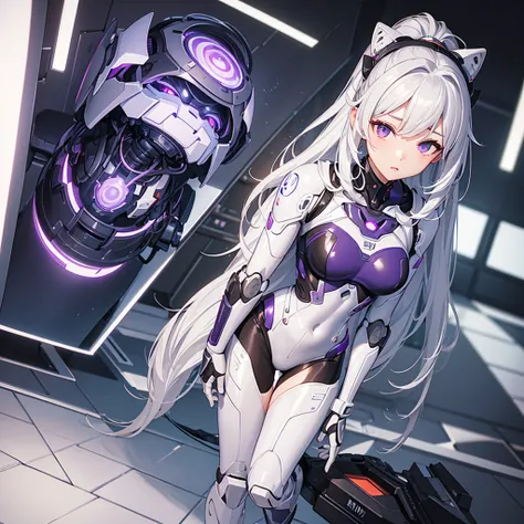 (( masterpiece )), ((best quality)), ( high-profile room), (( very detailed )), 4K, (8k), best quality, ( ), illustration,  whole body ,  whole body  focus,  one pretty girl ,  alone , Robot suit, Robot,   silver hair,   purple eyes, ((  eyes)), Ponytail, ...