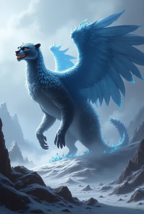 Here is the image of the powerful hybrid creature that combines a Lava Panther and an Ice Falcon, set against the dramatic rocky landscape with smoke and frost as requested. Let me know if youd like further adjustments or other ideas!