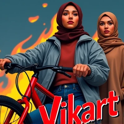 Two women, who appear to be Muslim, are at the center of the image. The woman in the foreground is depicted wearing a brownish brown jacket with a hood, and a dark colored hijab, most likely black. The style is graphic, with distinct lines and solid blocks...