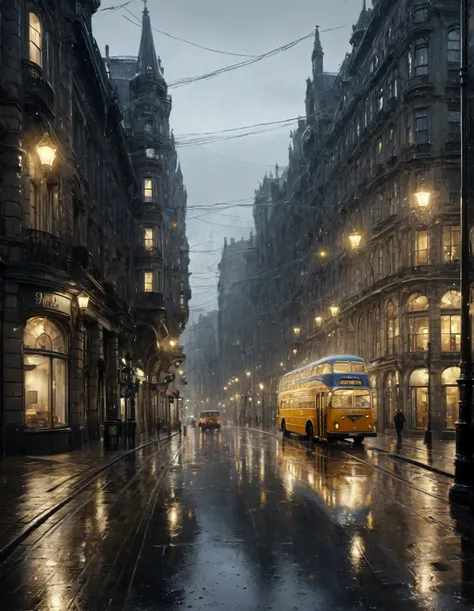 a rainy urban street scene. In the center, there is a vibrant vintage bus with a glowing headlight, reflecting on the wet cobblestone street. The bus is surrounded by tall, old buildings with darkened windows and intricate architectural details. The street...