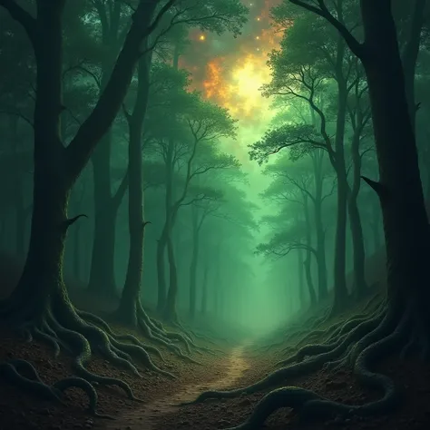 the forest, , which is covered with two elements fighting each other - the dark darkness of evil and the fiery veil of good, and the cosmos from which a gloomy green light comes and terrible tentacles reach out to the ground 