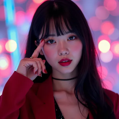  Close up photo of a korean woman the day after blackpink  ,  long black hair bangs  ,  wearing a unique red blazer with a shiny black tanktop , Very beautiful nail polish with rose art  ,  inspirational photo from Lisa blackpinks Instagram post 
Disco lig...