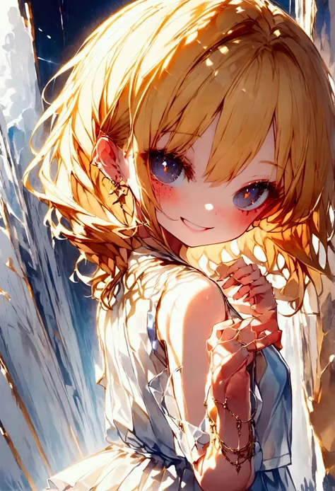 RAW, score_9, score_8_up, score_7_up, 1girl, girl, little_girl, loli, under_age, sister, kawaii, fair_skin, petite, slender face, blonde hair, twintails, black eyes, black_pupils, white_camisole, dolfin_shorts, giggling, grin, belittling_face, standing, in...