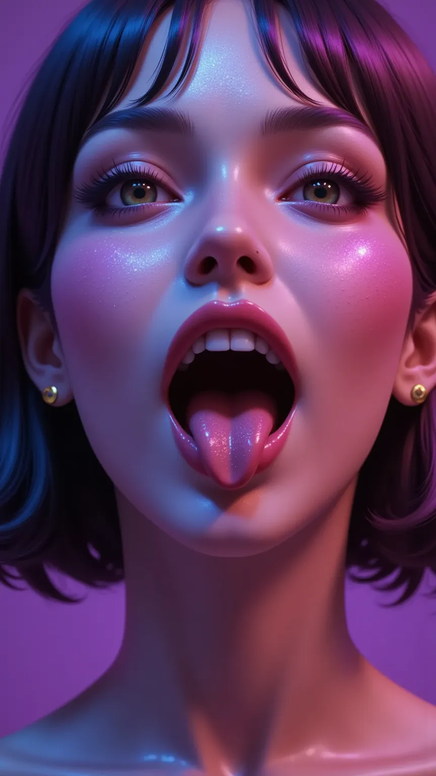 80’s glam rock makeup on shiny android face, asian girl, anime, 2.5d, glittery face, moody lighting, (purples, pinks, and blues)...