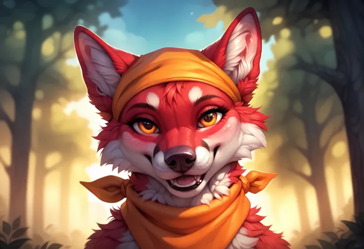 Score_9, Score_8_up, Score_7_up, Score_6_up, Score_5_up, Score_4_up, wild, Jenna, orange eyes, two tone fur, red fur, canine, orange bandana, alone, female, blushing, sensual, seductive face, high resolution, looking at you, smiling at you, flirty smile, d...