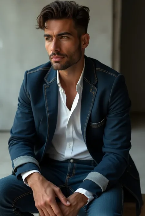 Seated man model with very stylish clothes denim jacket and jeans 