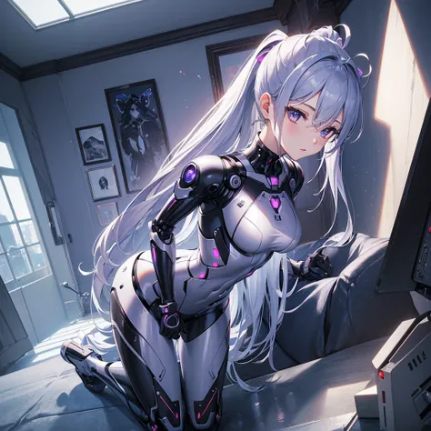 (( masterpiece )), ((best quality)), ( high-profile room), (( very detailed )), 4K, (8k), best quality, ( ), illustration,Sky atmosphere,  whole body ,  whole body  focus,  one pretty girl ,  alone , Robot suit, Robot,   silver hair,   purple eyes, ((  eye...