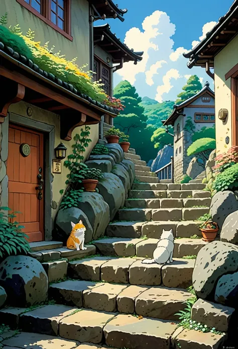 Cat on the Stone Steps, by Studio Ghibli Style, Ghibli color, Miyazaki Hayao style.
best quality, masterpiece, intricate details, ultra-detailed