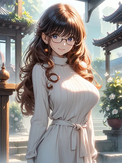 (( best quality)), ((masterpiece)), ( Details),  perfect face,((1 woman)),((40-year-old woman)), elegant mature women ,(非常に Detailsな皮膚),beautiful胸,Pale skin,Pointed Chest,(( big breasts at the temple:1.3)),(Glasses), blue eyes ,( fantasy art , High Quality...