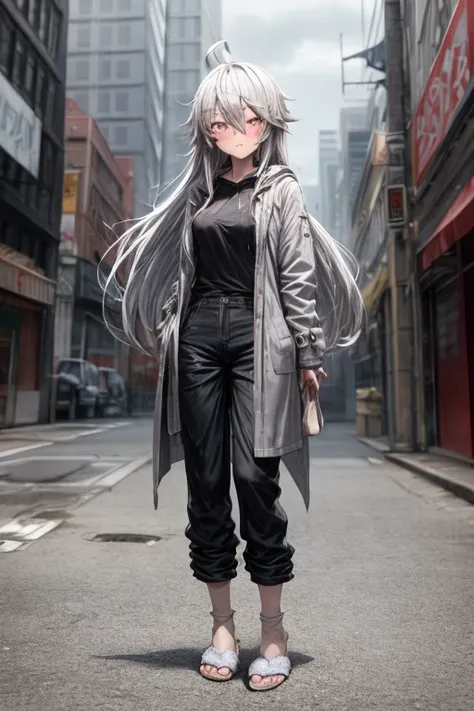 ((best quality)), ((masterpiece)), (detailed), 1 girl, full body, s, embarrassed face, dirty face, silver eye, gray hood, blushing, silver hair, straight hair, long hair, ahoge, bangs, lock of hair covering right eye, full body, very tall, small breasts, t...