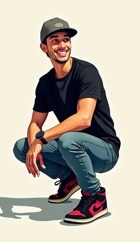 The image shows a vector art of a young man posing in a stylish and casual environment, capturing a cheerful vibe. He is wearing a cap, jeans and a black shirt, giving him a modern and worn look. He is crouched in a low, almost crouching position, which em...