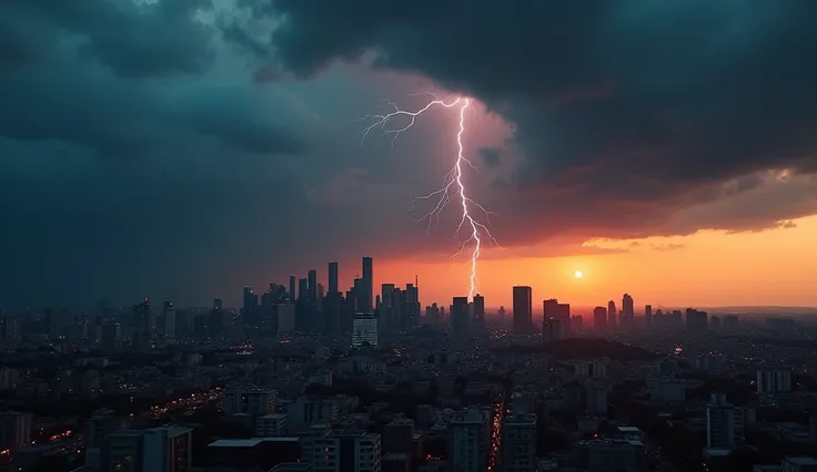 A modern city at sunset, with dark storm clouds gathering above, and a bolt of lightning striking the ground. The atmosphere is tense, with distant echoes of thunder, symbolizing a sense of impending doom.