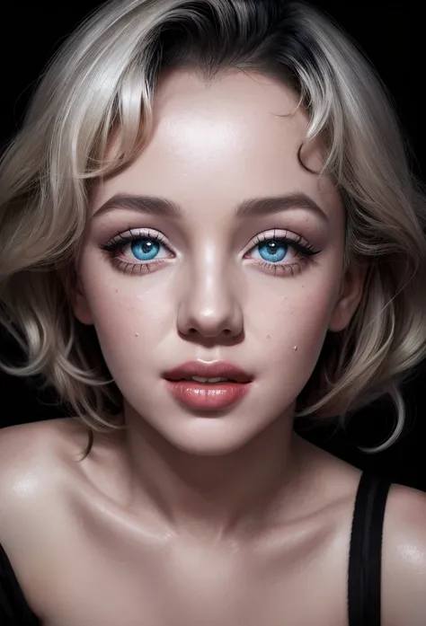  Realistic portrait of Marylin Monroe with black background, excess of details, creative composition , beautiful eyes,  High resolution, 