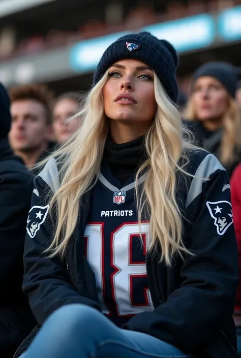 A 25-year-old German model with striking, long platinum blonde hair cascading down her back, styled in loose waves, sits in the audience at an NFL game in Munich. She has captivating deep blue eyes accentuated by soft, natural makeup with a hint of shimmer...