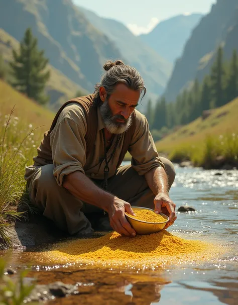 A man with a gold plate sitting in a river valley by a stream, washing sand gold with river water